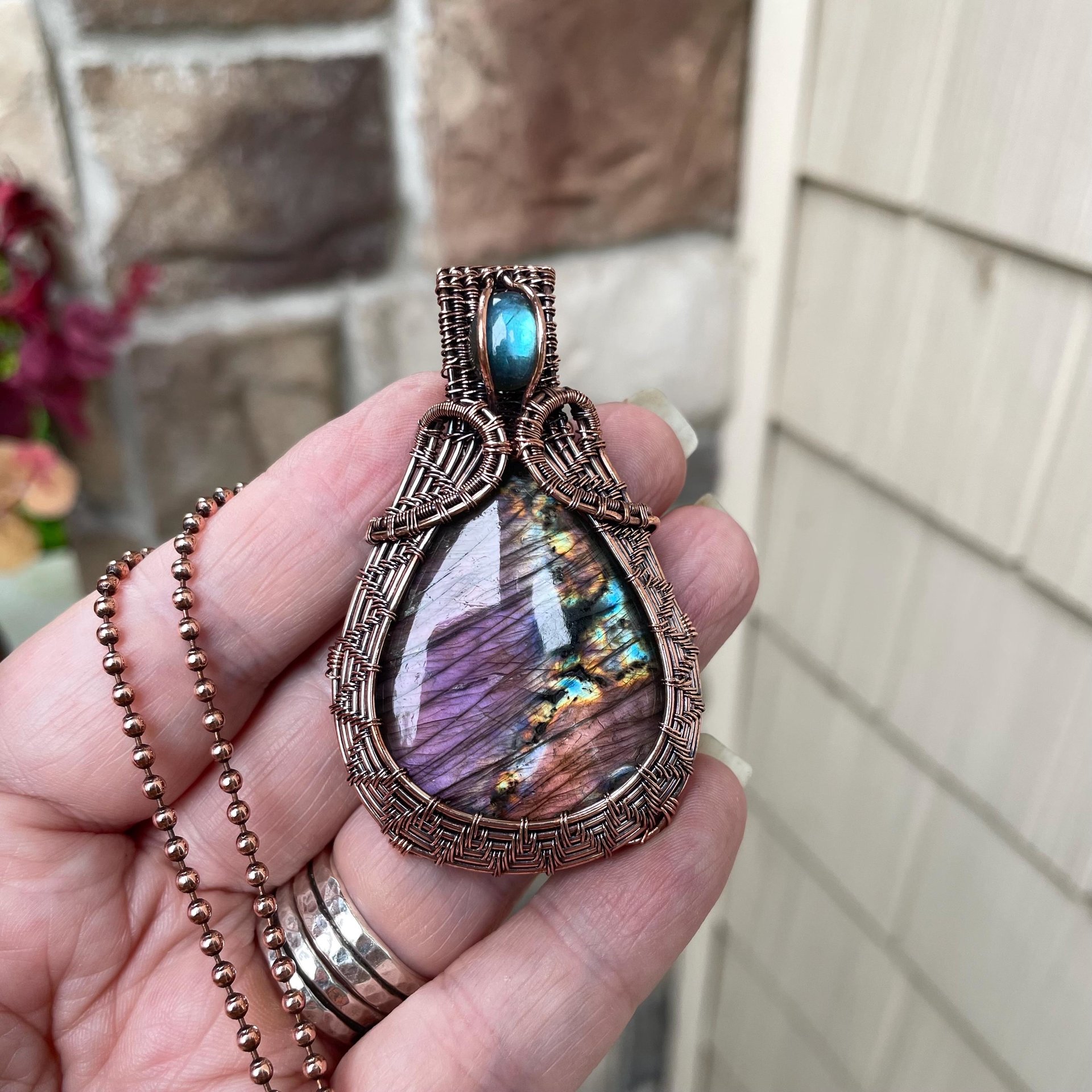Purple & Blue Labradorite Woven Copper Pendant