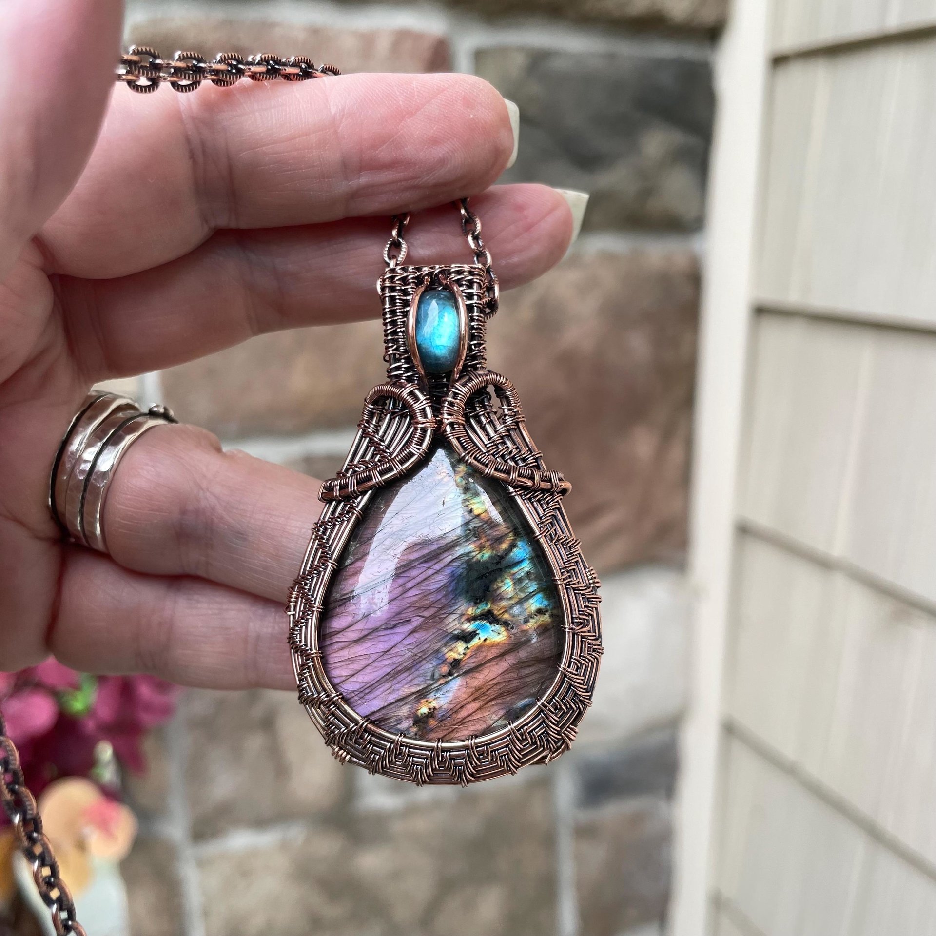 Purple & Blue Labradorite Woven Copper Pendant