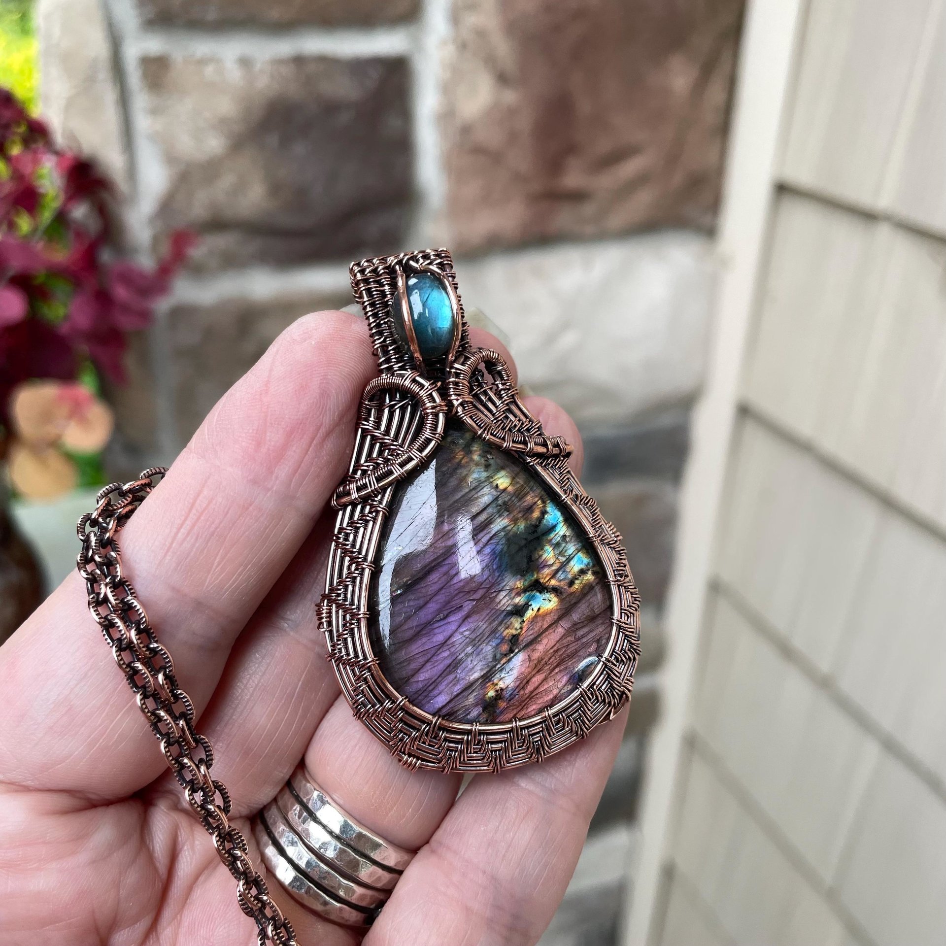 Purple & Blue Labradorite Woven Copper Pendant