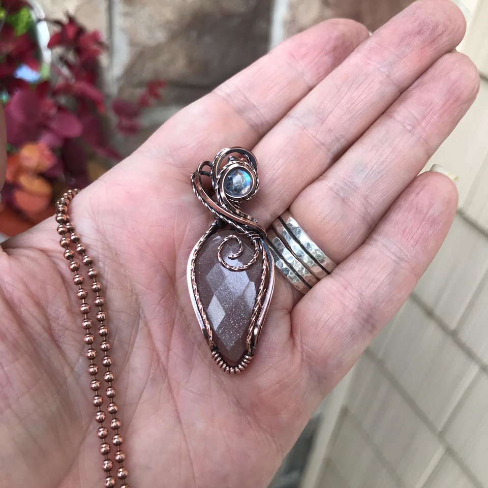 Peach Moonstone & Rainbow Moonstone Copper Pendant