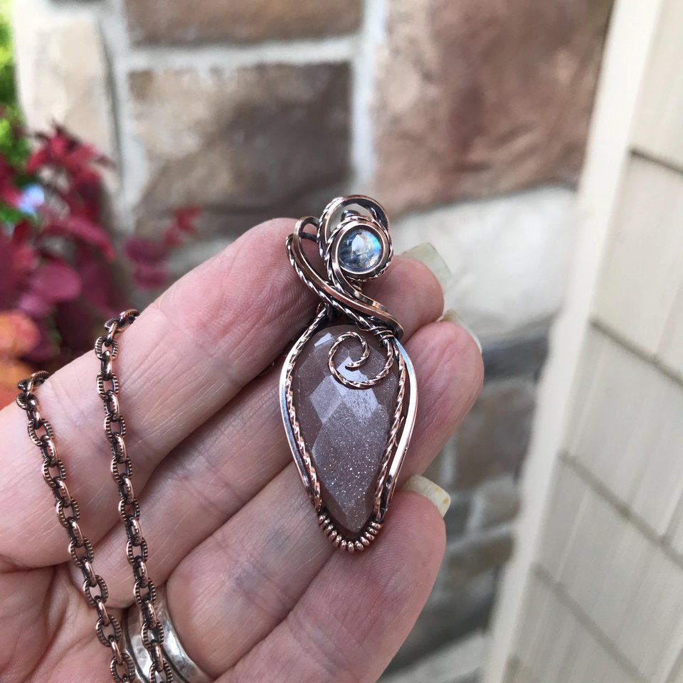 Peach Moonstone & Rainbow Moonstone Copper Pendant