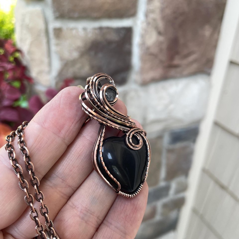 Obsidian Rutile Quartz Heart Copper Pendant