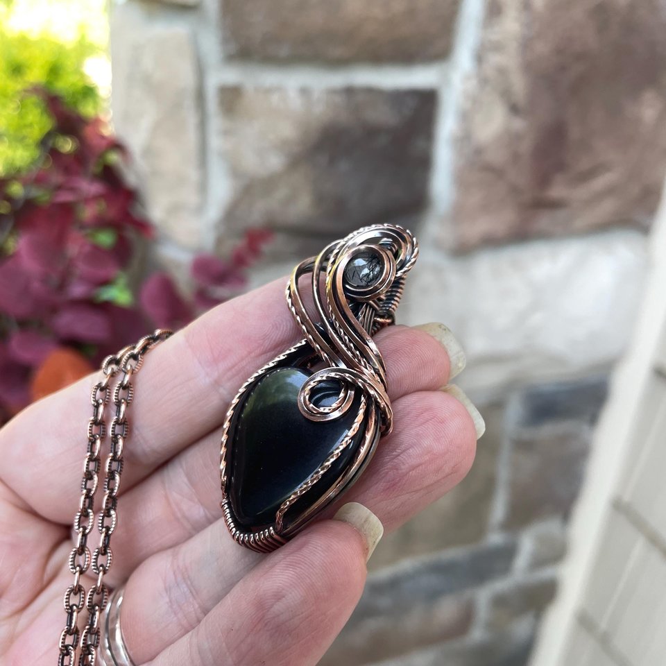 Obsidian Rutile Quartz Heart Copper Pendant
