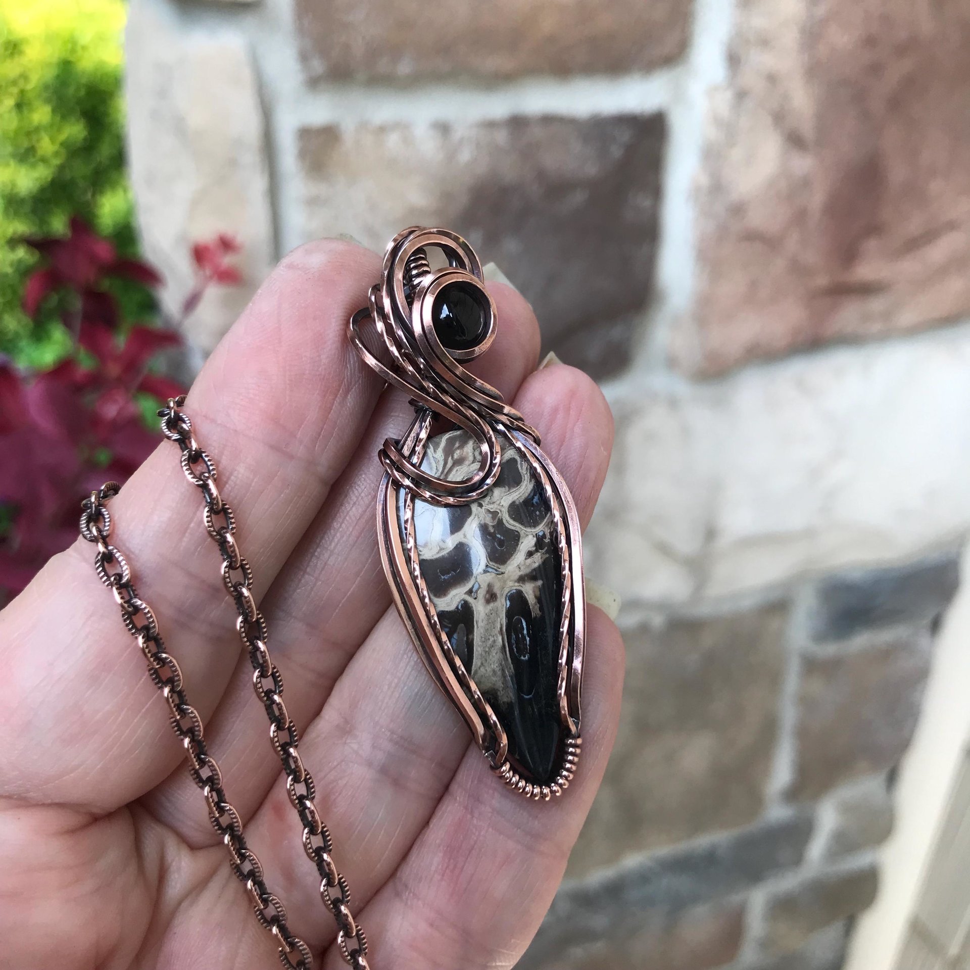 Petrified Palm Wood & Smoky Quartz Copper Pendant