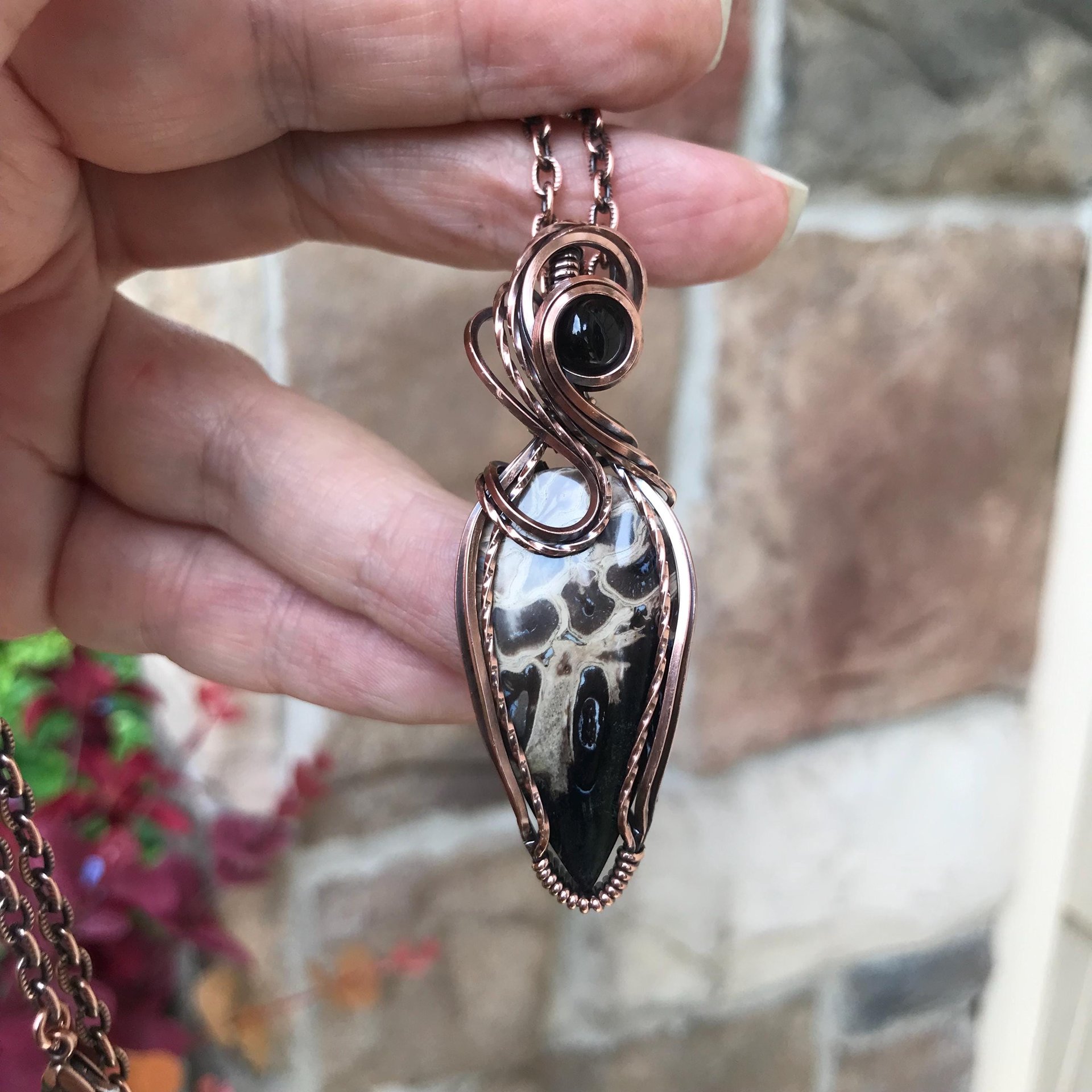 Petrified Palm Wood & Smoky Quartz Copper Pendant
