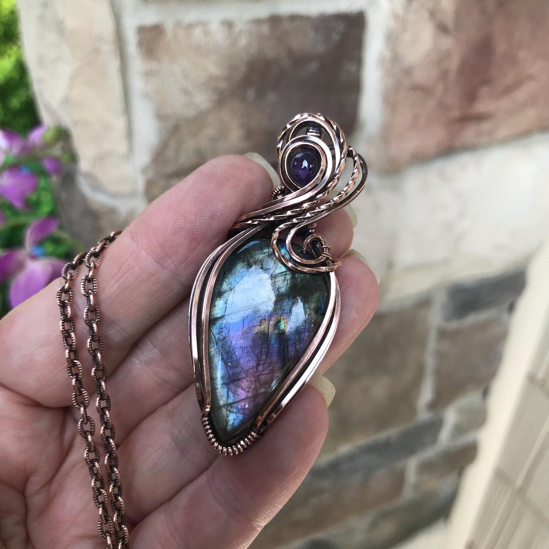 SOLD - Blue Purple Labradorite & Amethyst Copper Pendant