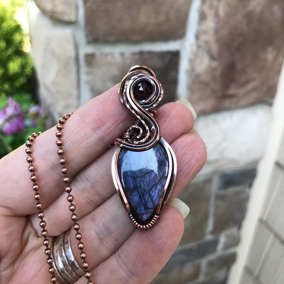Purple Maroon Labradorite & Garnet Copper Pendant