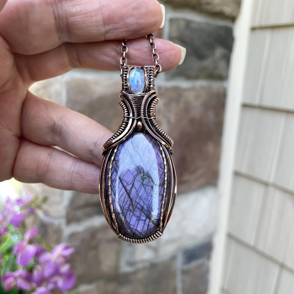 Purple Labradorite & Moonstone Oval Pendant with Weaving