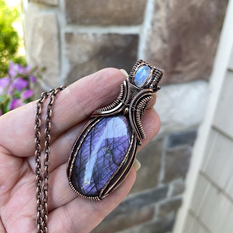 Purple Labradorite & Moonstone Oval Pendant with Weaving