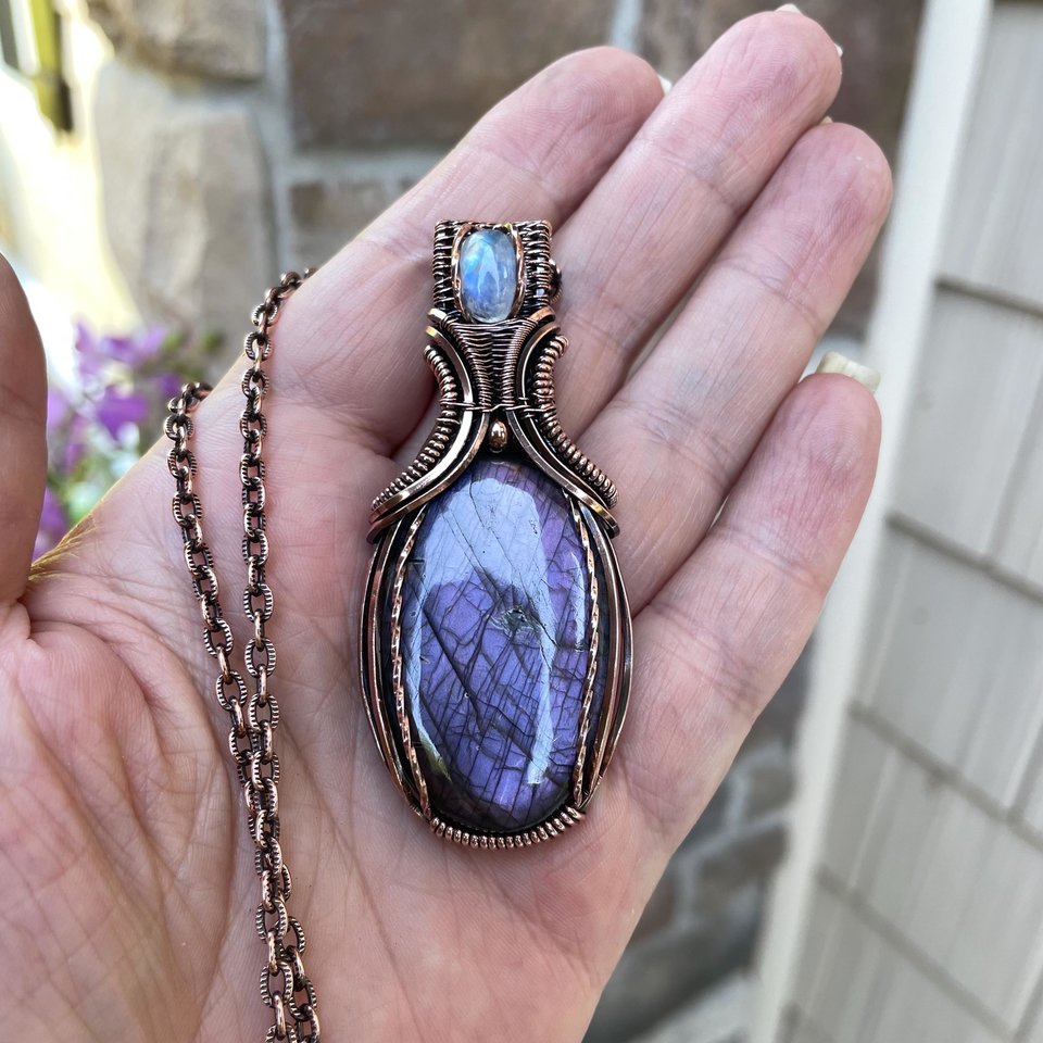 Purple Labradorite & Moonstone Oval Pendant with Weaving
