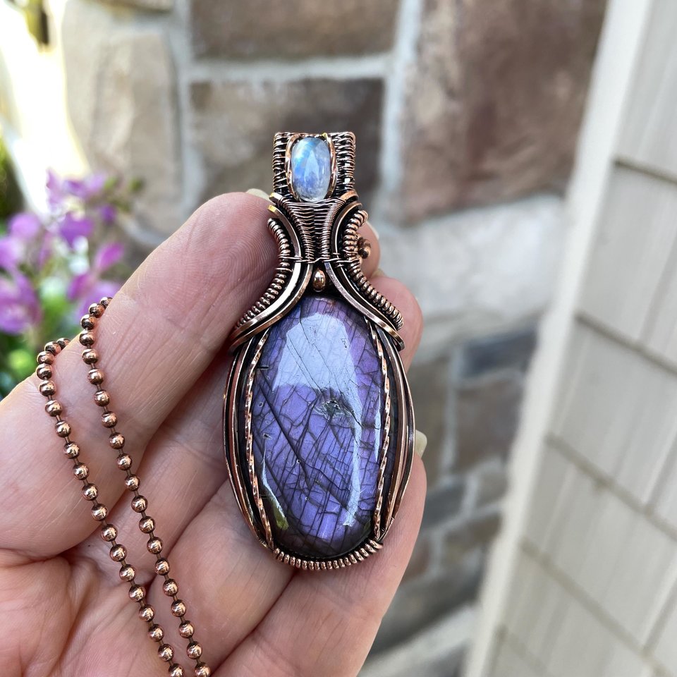 Purple Labradorite & Moonstone Oval Pendant with Weaving