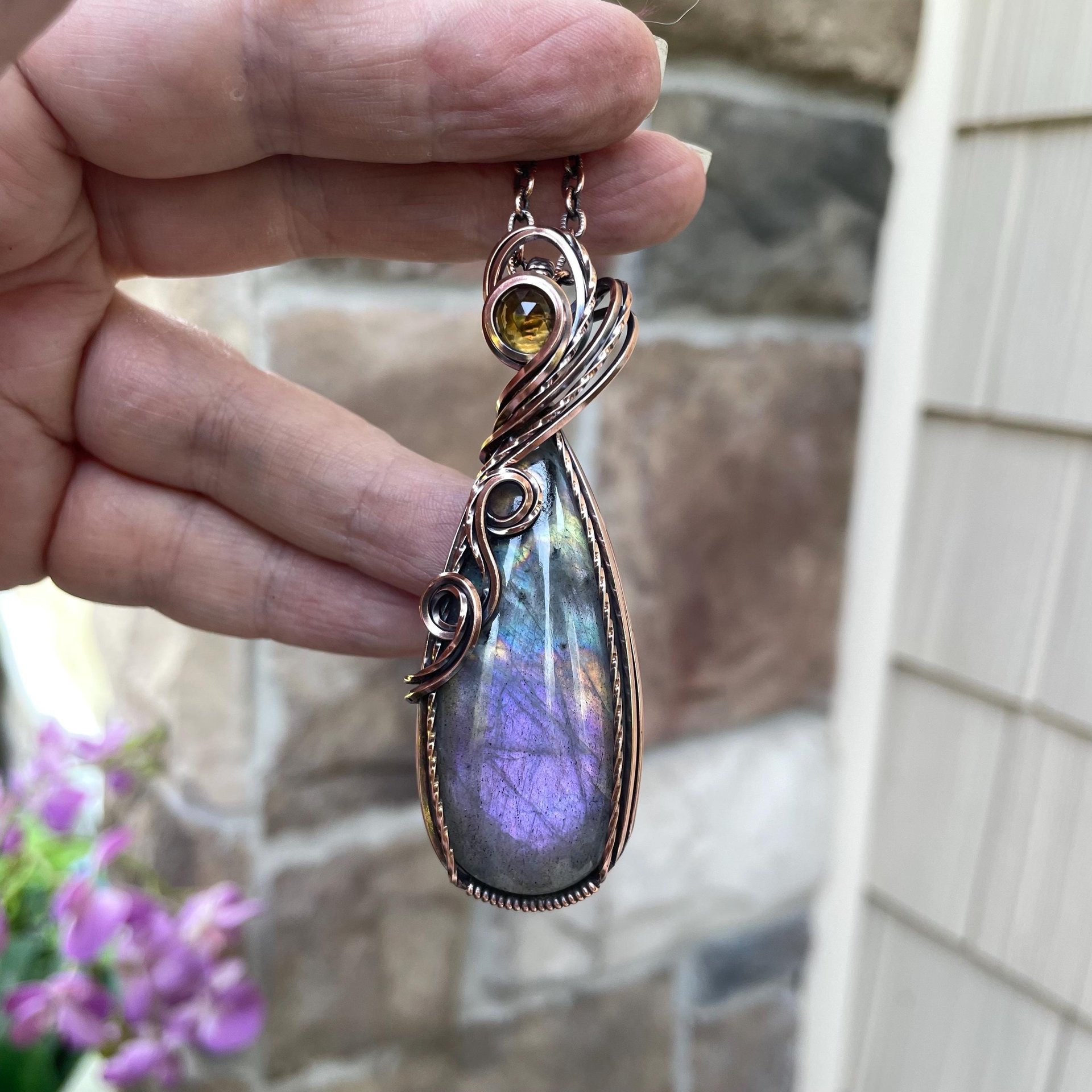 Purple Labradorite & Citrine Slender Copper Necklace