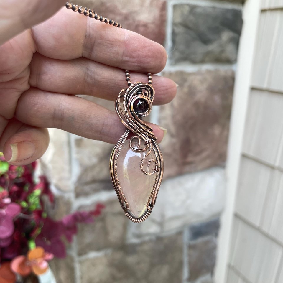 Rose Quartz & Garnet Swirly Heart Copper Necklace