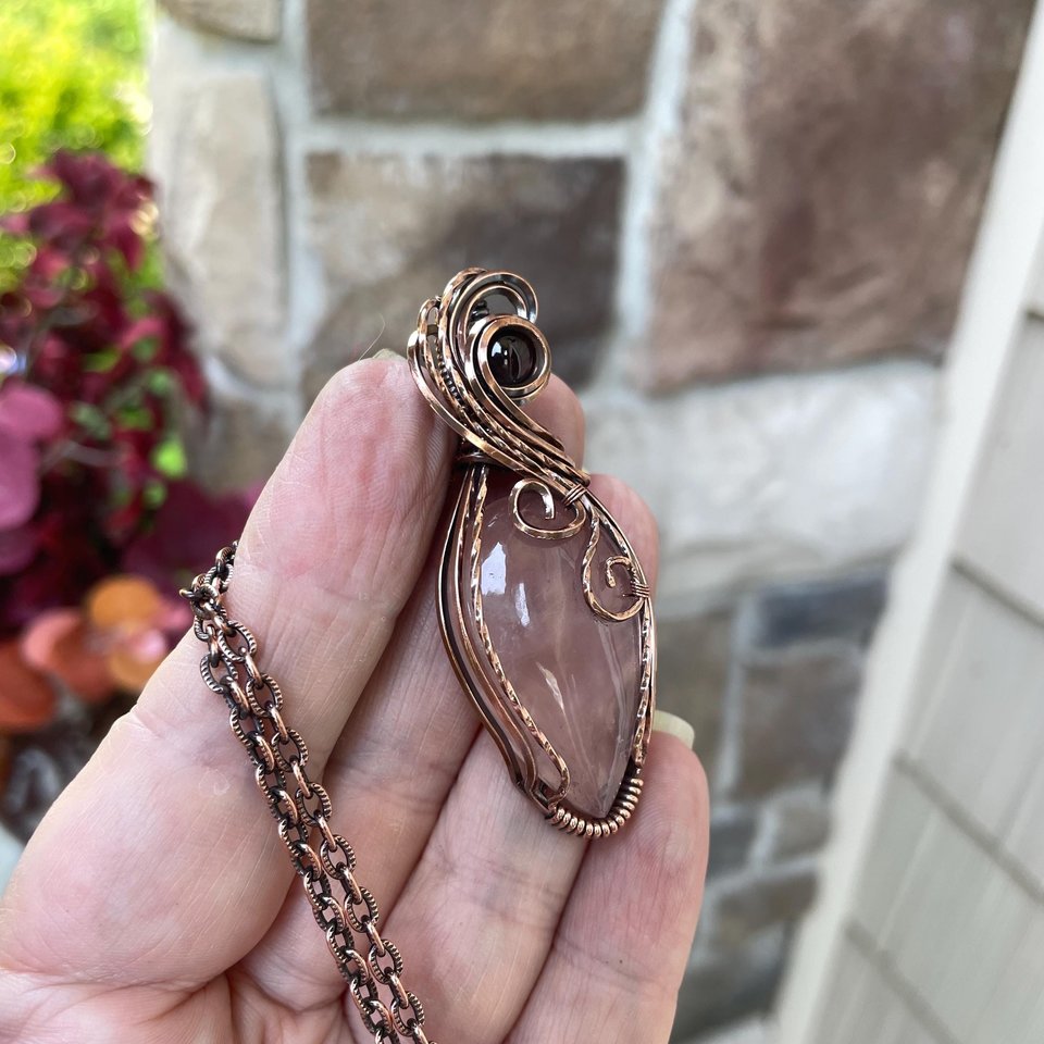Rose Quartz & Garnet Swirly Heart Copper Necklace