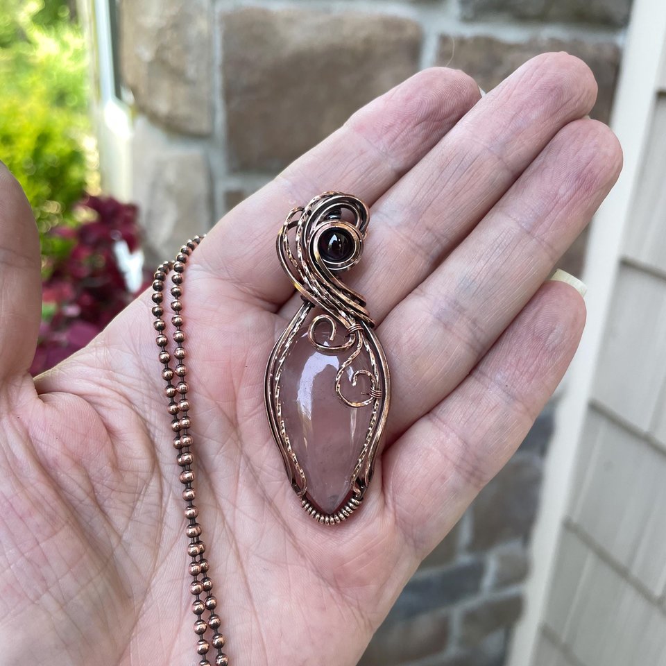 Rose Quartz & Garnet Swirly Heart Copper Necklace