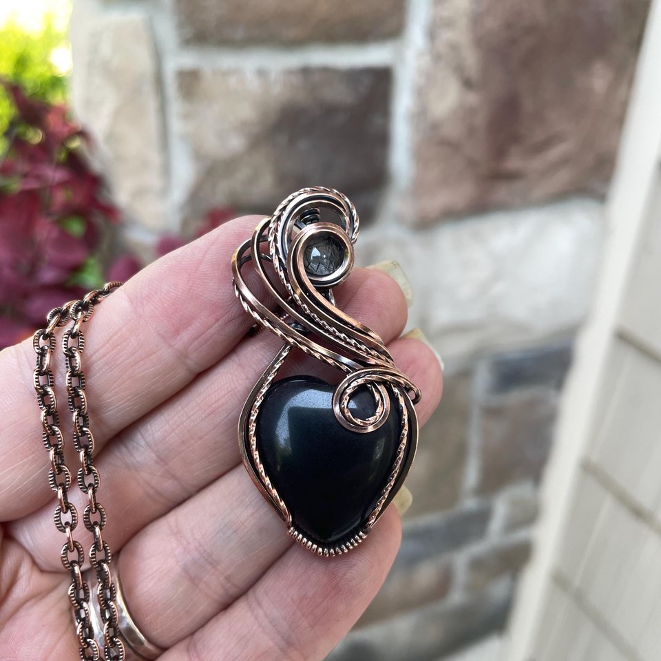 Obsidian Rutile Quartz Heart Copper Pendant