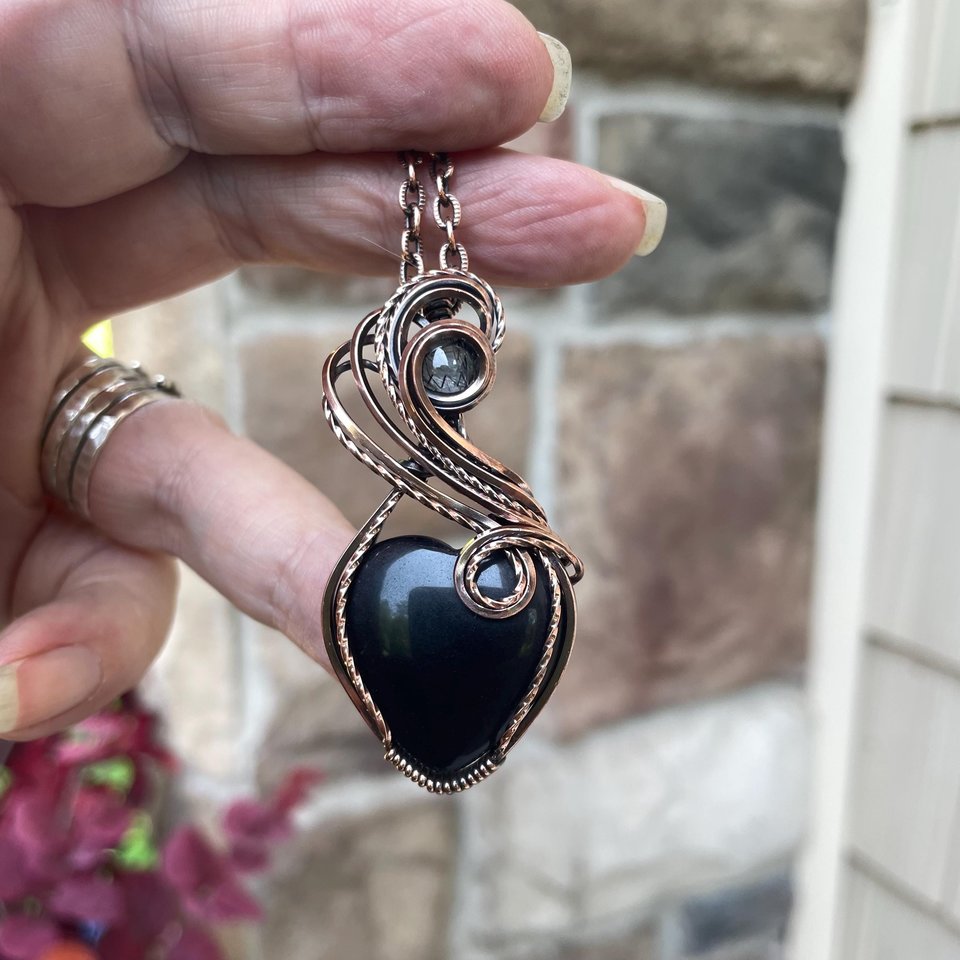 Obsidian Rutile Quartz Heart Copper Pendant