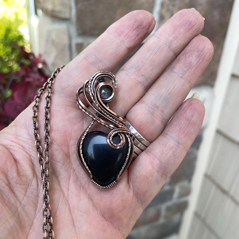 Obsidian Rutile Quartz Heart Copper Pendant