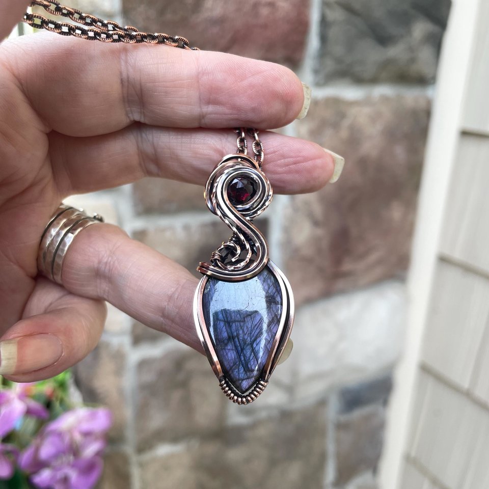 Purple Maroon Labradorite & Garnet Copper Pendant