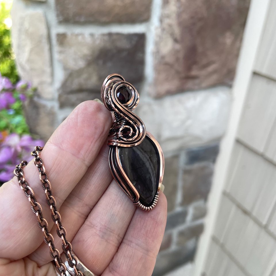 Purple Maroon Labradorite & Garnet Copper Pendant