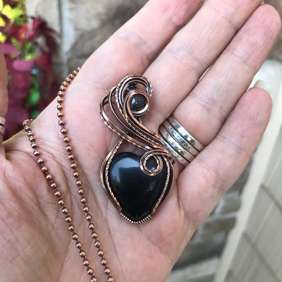 Obsidian Rutile Quartz Heart Copper Pendant