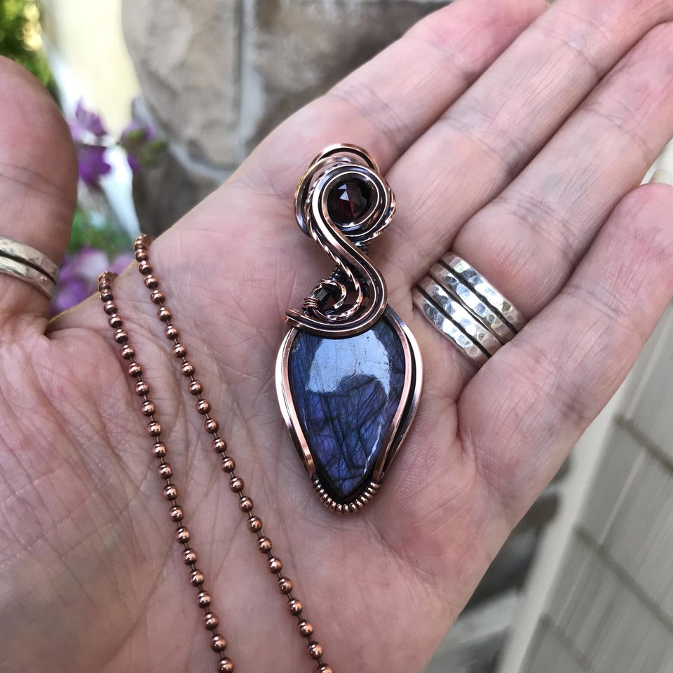 Purple Maroon Labradorite & Garnet Copper Pendant