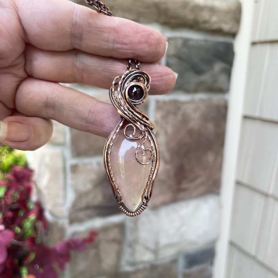 Rose Quartz & Garnet Swirly Heart Copper Necklace