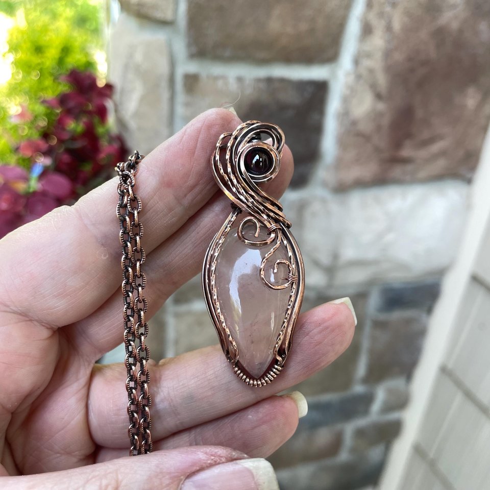 Rose Quartz & Garnet Swirly Heart Copper Necklace