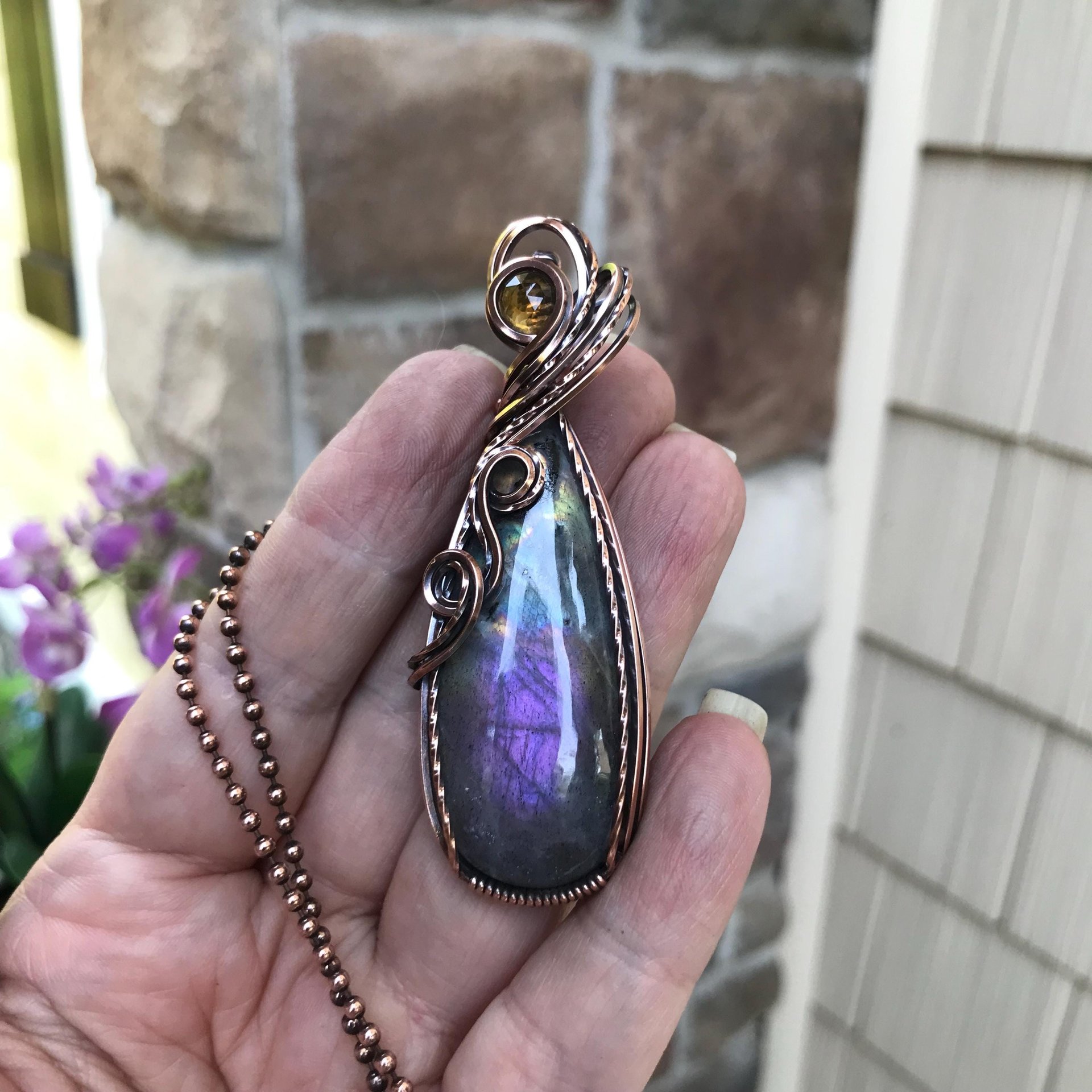 Purple Labradorite & Citrine Slender Copper Necklace