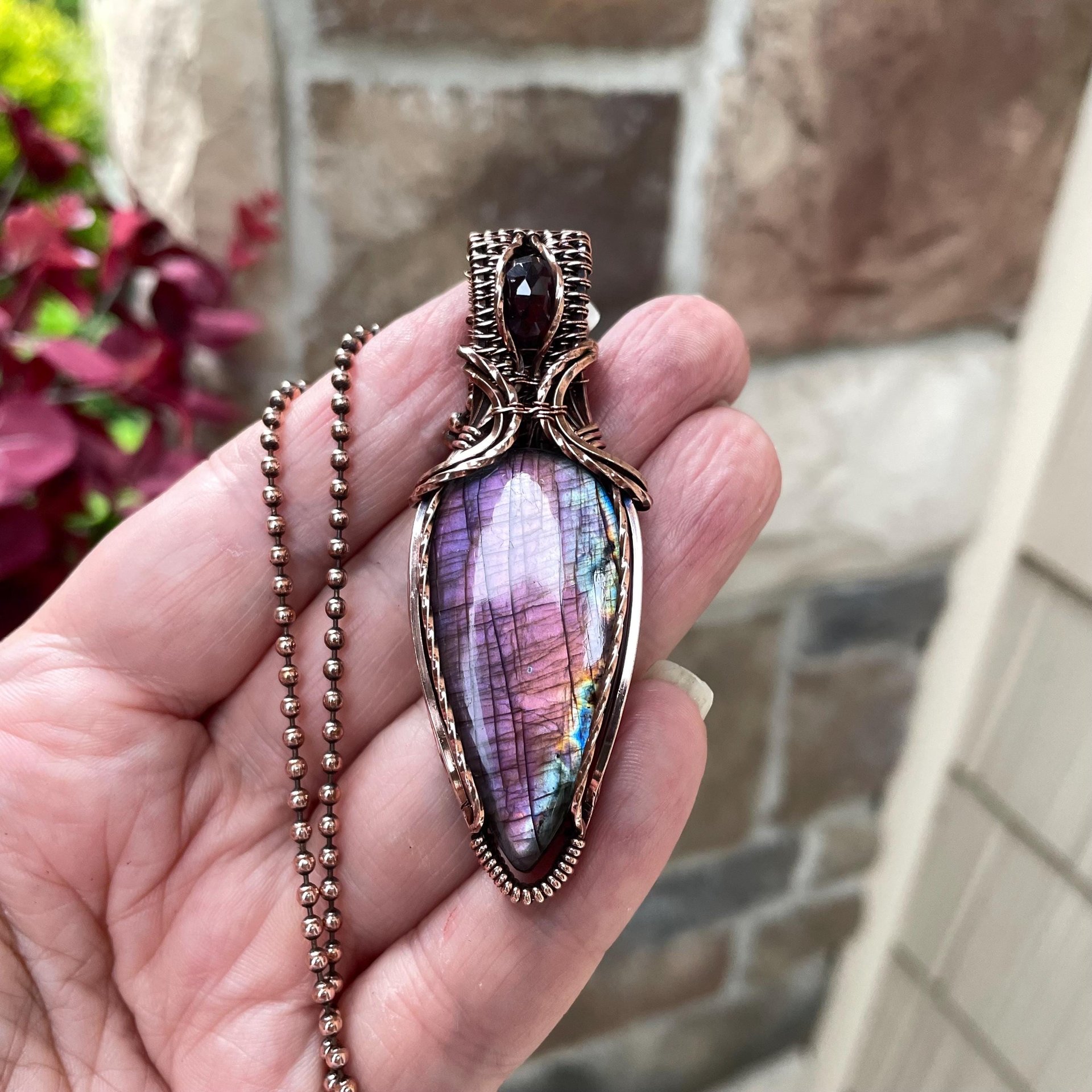 Purple & Pink Labradorite & Moonstone Copper Pendant with Weaving