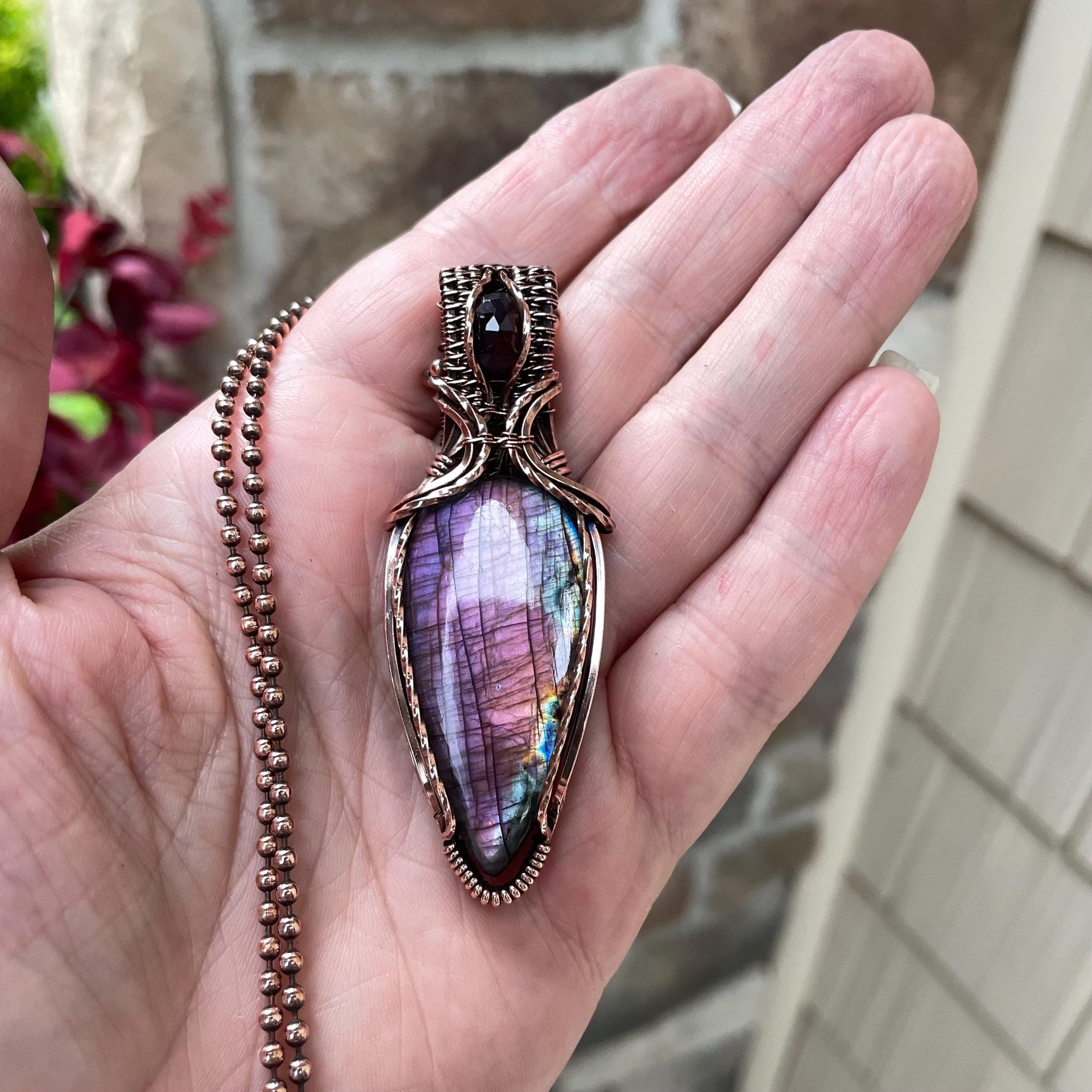 Purple & Pink Labradorite & Moonstone Copper Pendant with Weaving