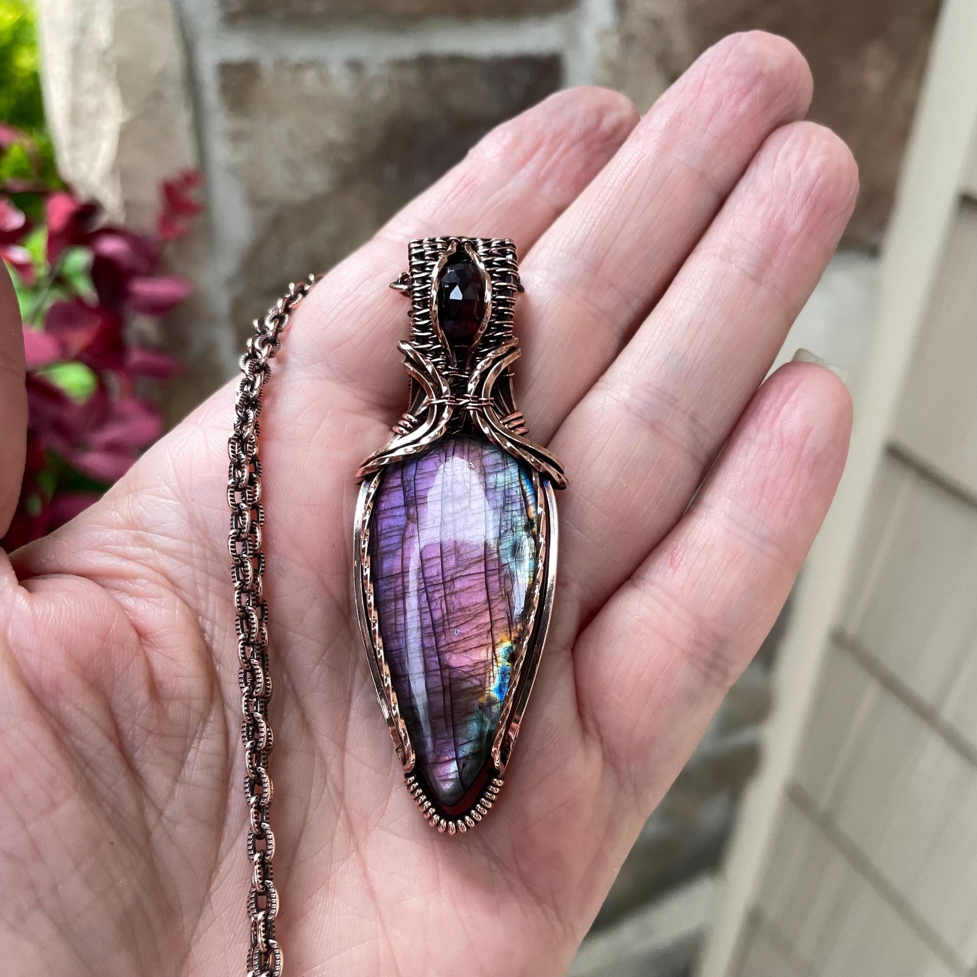 Purple & Pink Labradorite & Moonstone Copper Pendant with Weaving