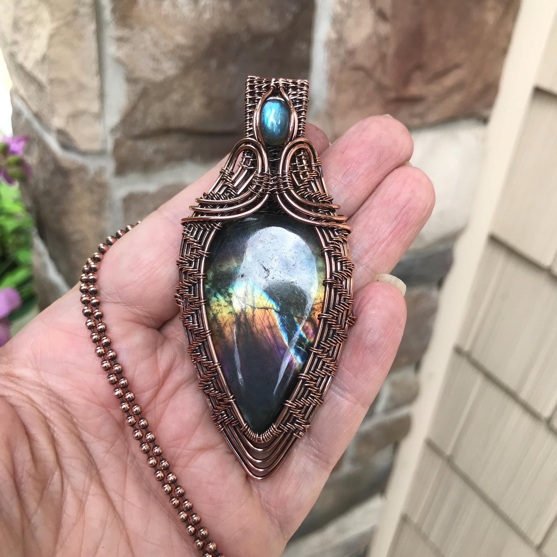 Rainbow Labradorite & Moonstone Woven Pendant