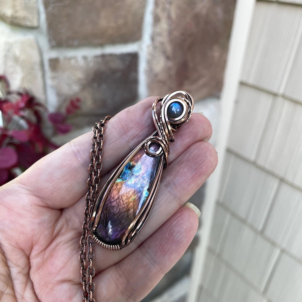 Purple Orange Rainbow Labradorite Copper Necklace