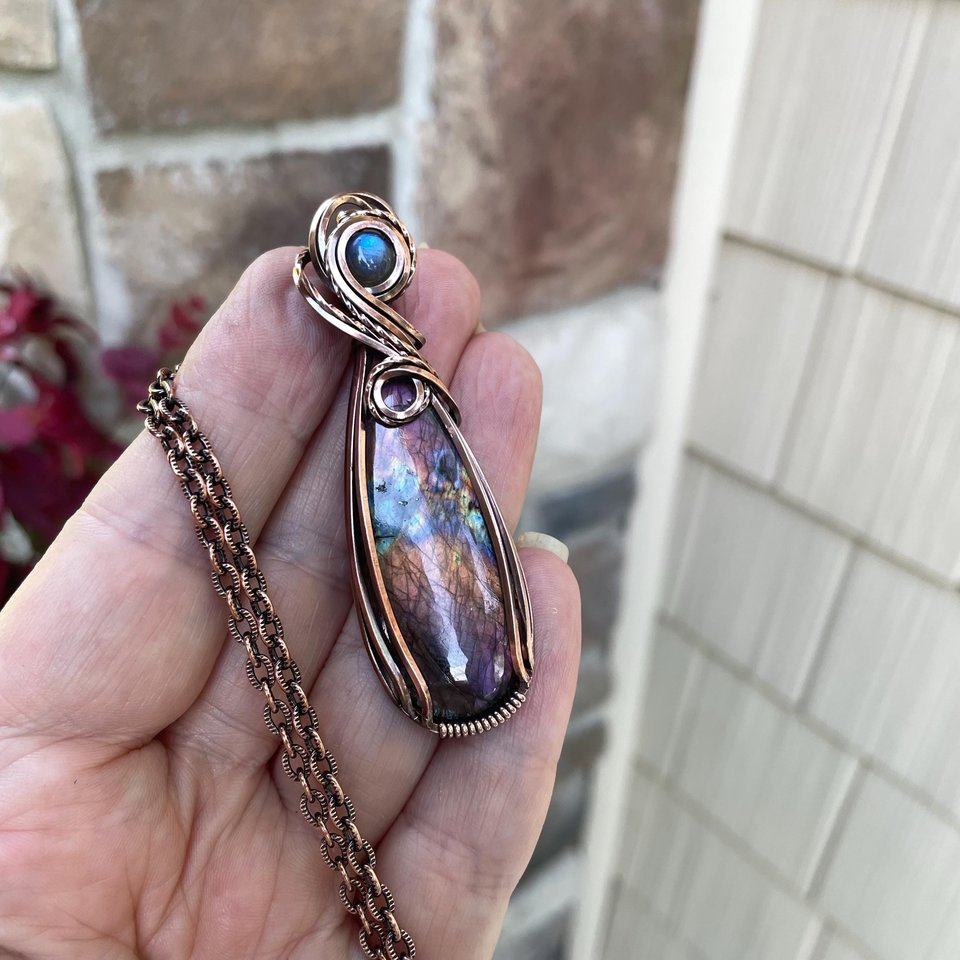 Purple Orange Rainbow Labradorite Copper Necklace