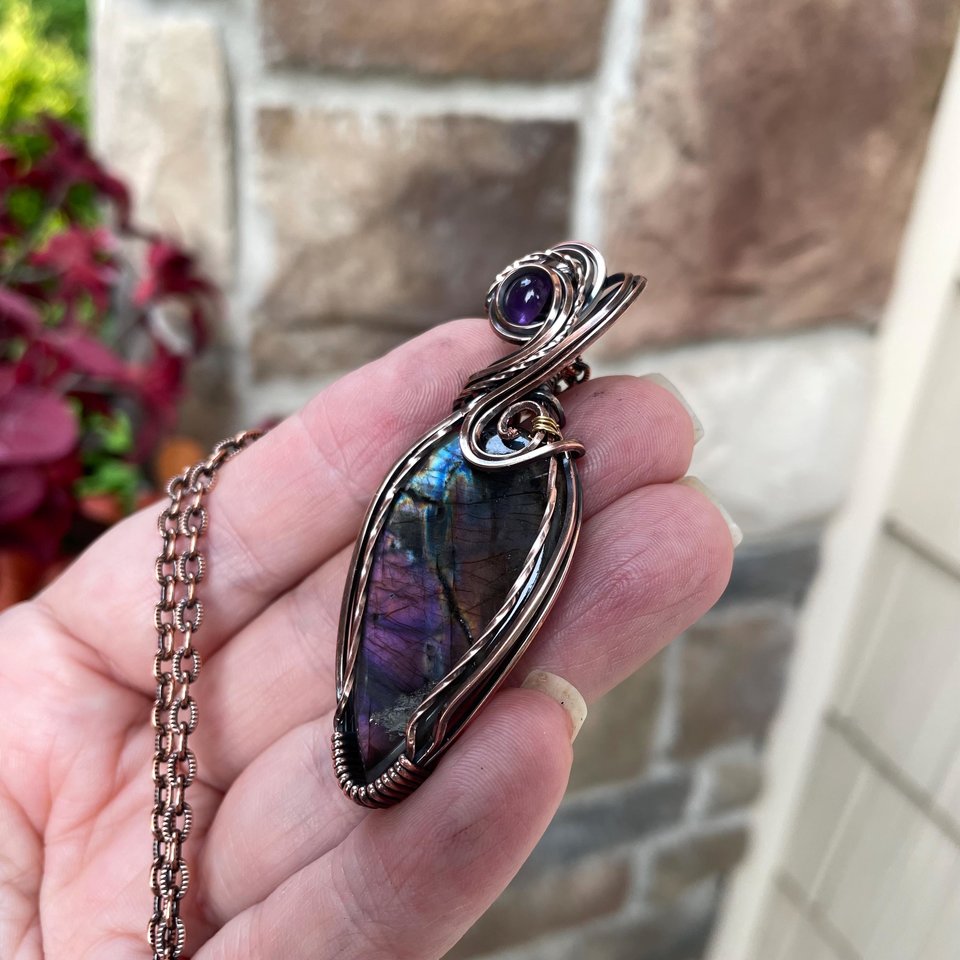 Blue Purple Labradorite & Amethyst Copper Pendant