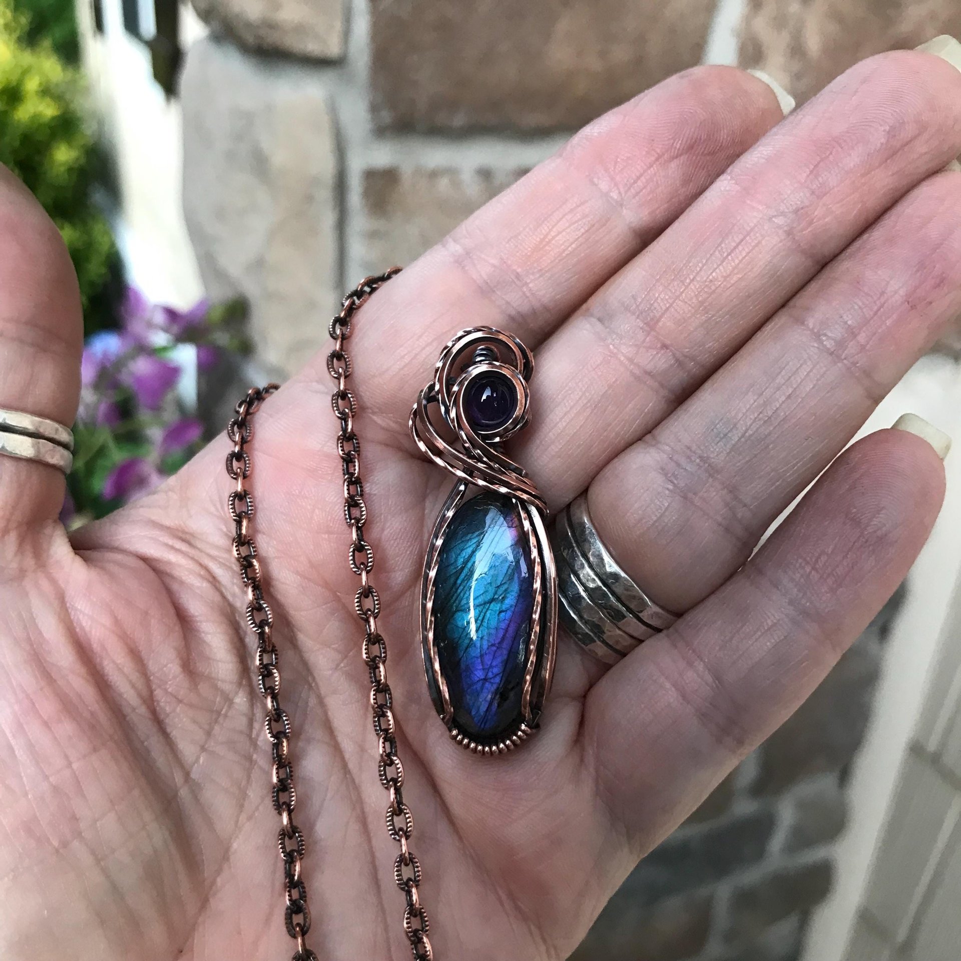 Blue purple labradorite and amethyst wire wrapped copper necklace, Semiprecious oval teardrop pendant