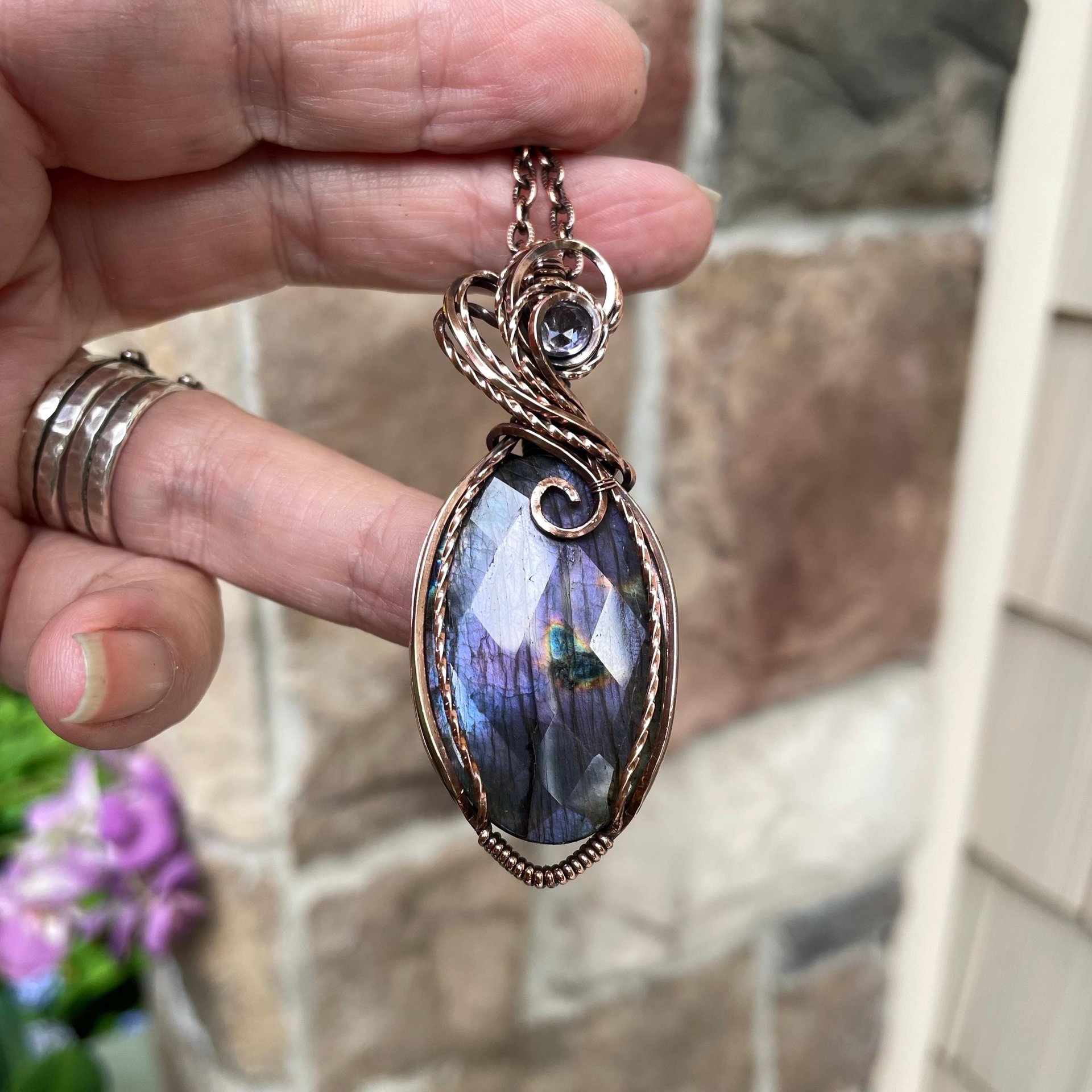 Purple Labradorite & Pink Amethyst Oval Copper Necklace