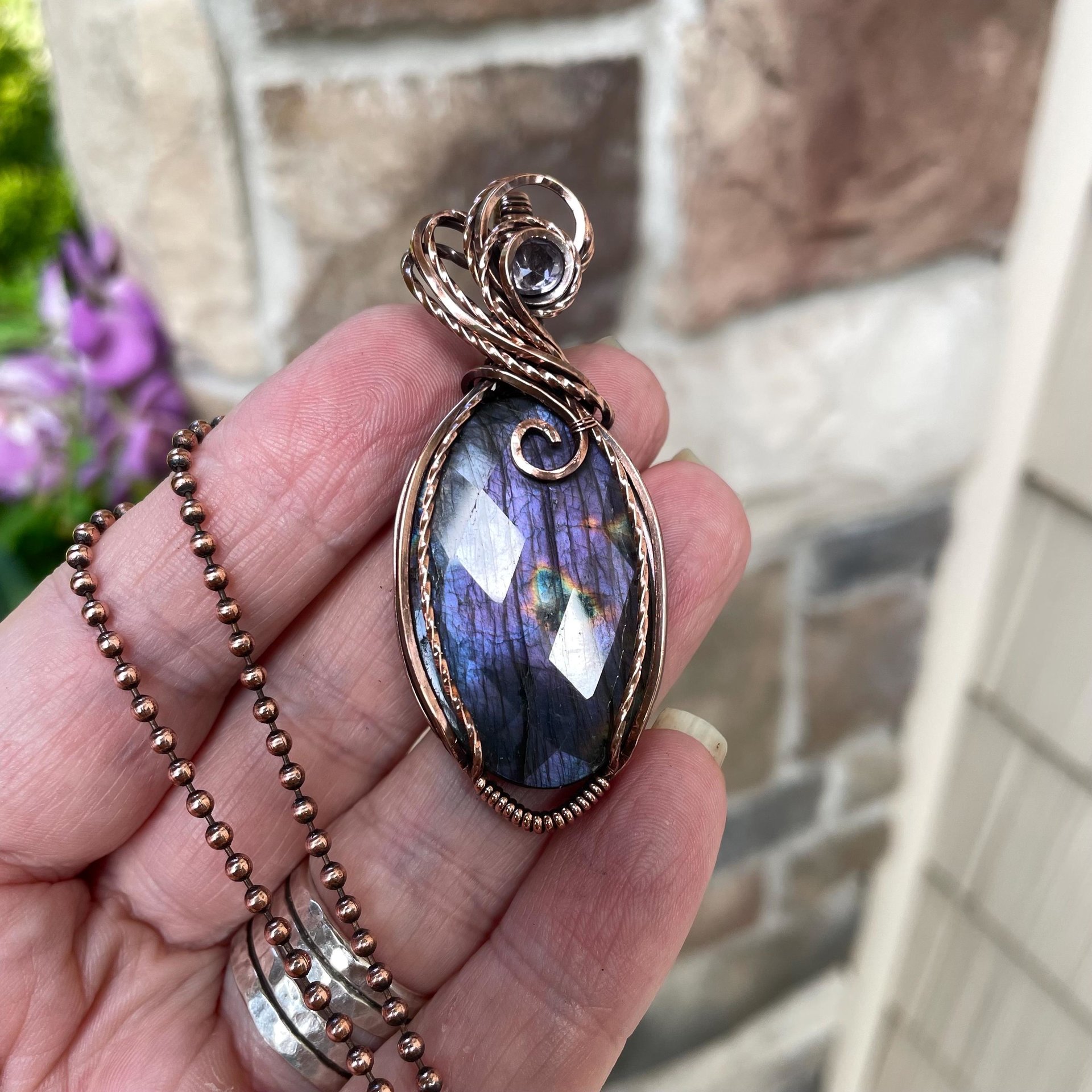 Purple Labradorite & Pink Amethyst Oval Copper Necklace