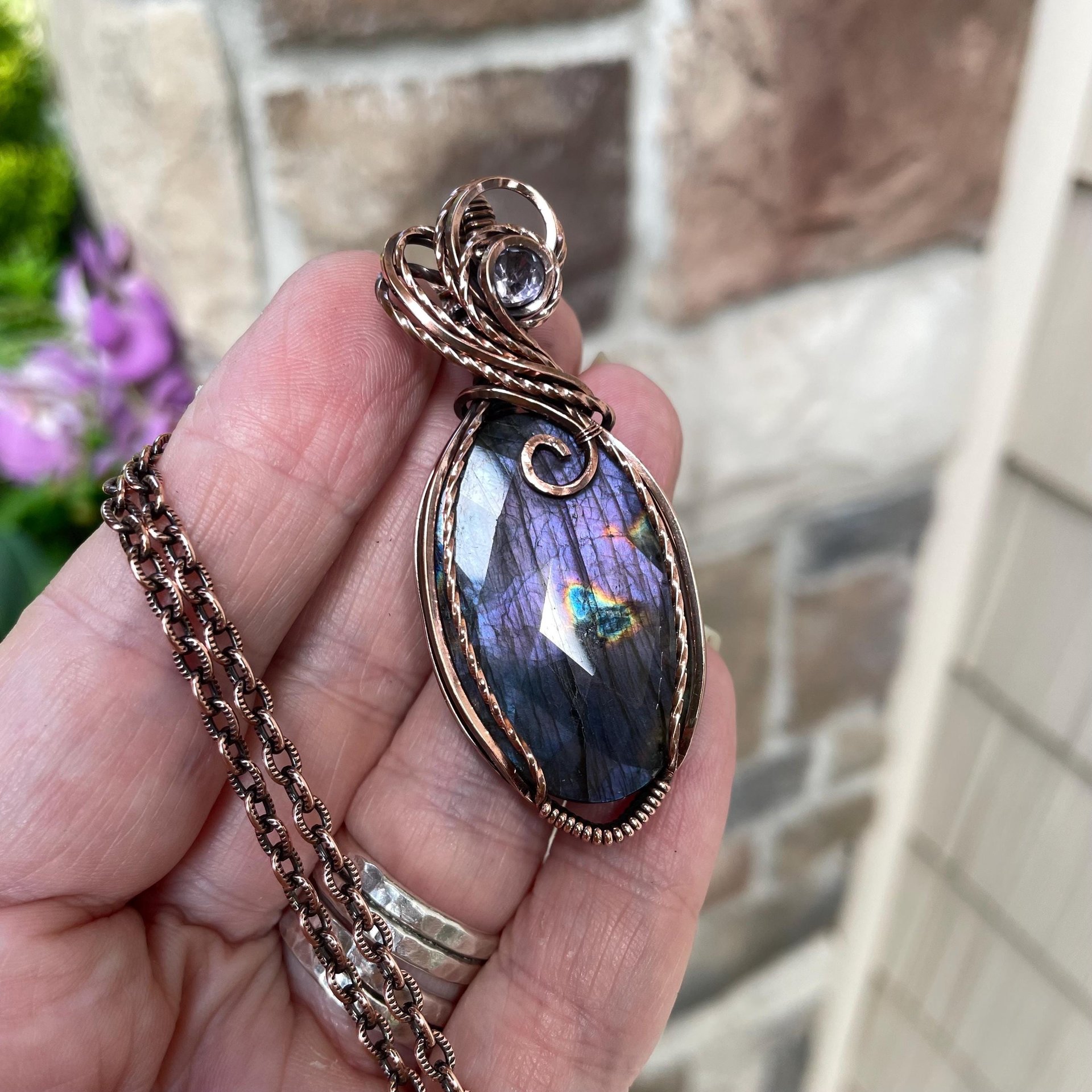Purple Labradorite & Pink Amethyst Oval Copper Necklace