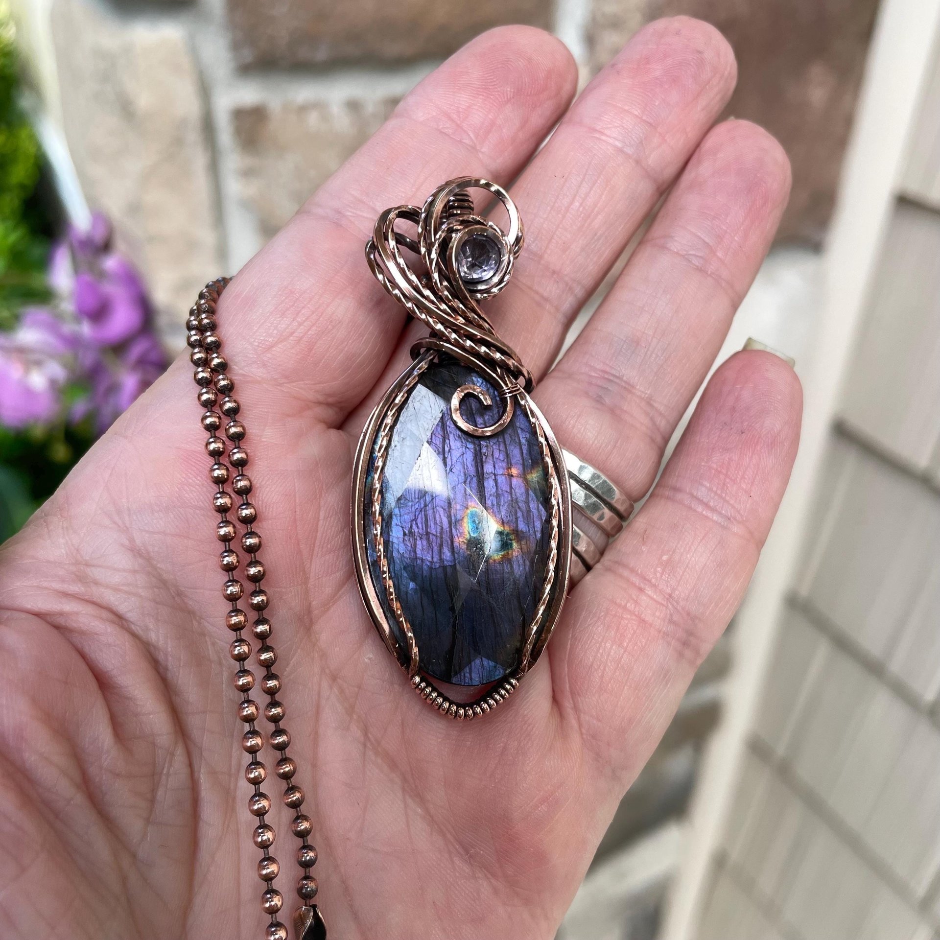 Purple Labradorite & Pink Amethyst Oval Copper Necklace