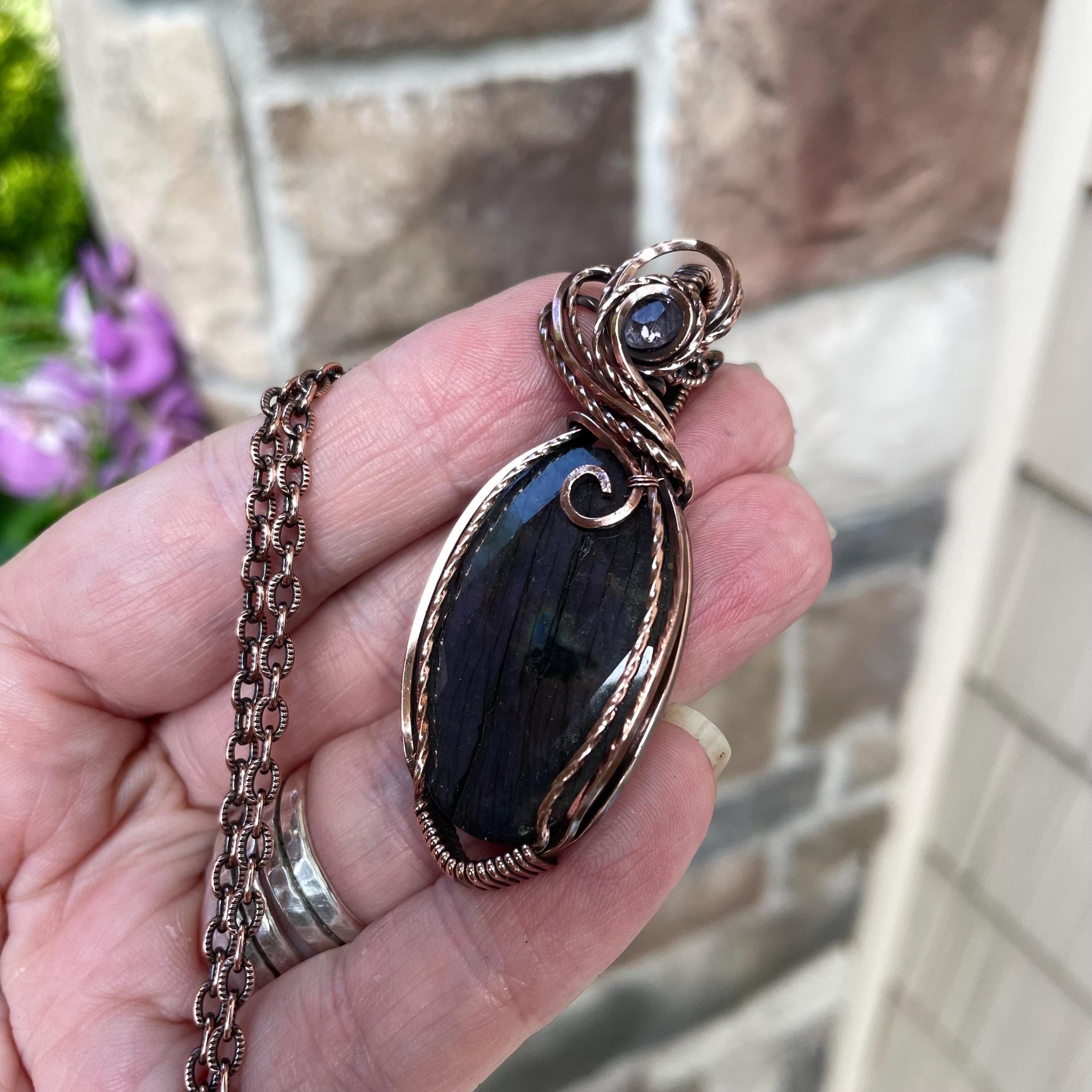 Purple Labradorite & Pink Amethyst Oval Copper Necklace