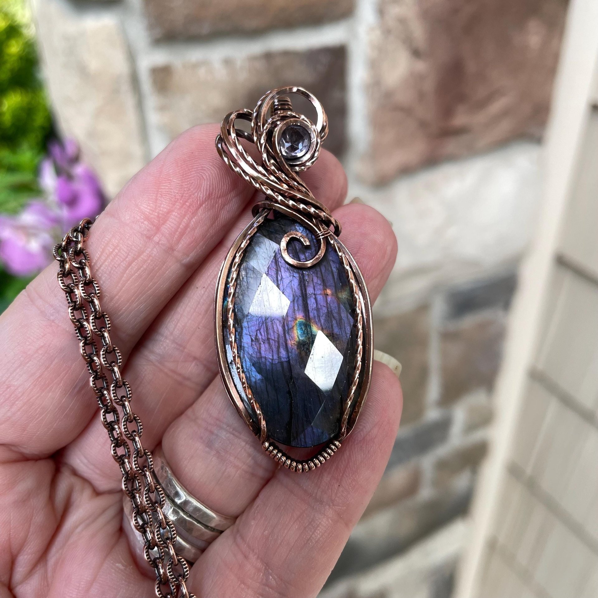 Purple Labradorite & Pink Amethyst Oval Copper Necklace