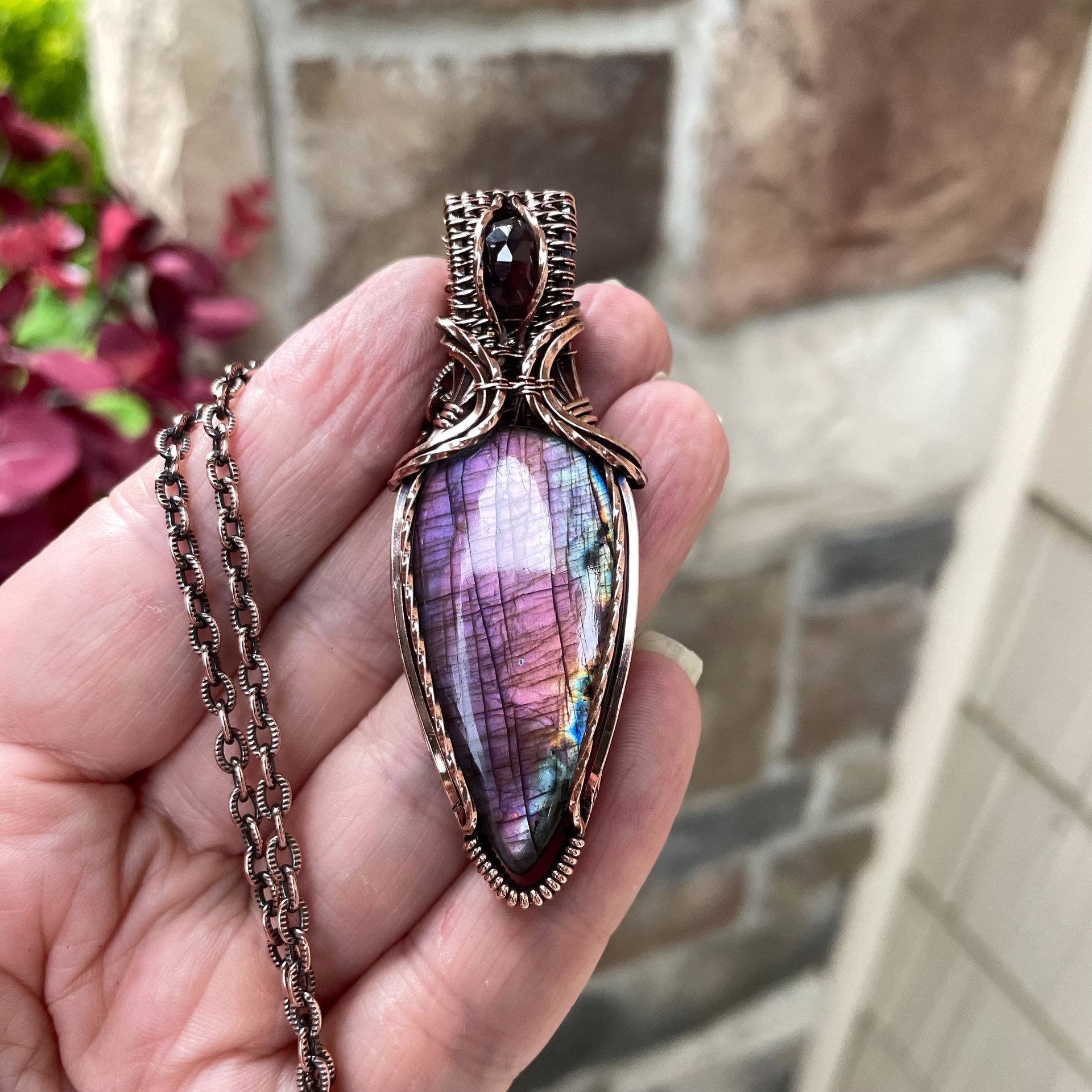 Purple & Pink Labradorite & Moonstone Copper Pendant with Weaving