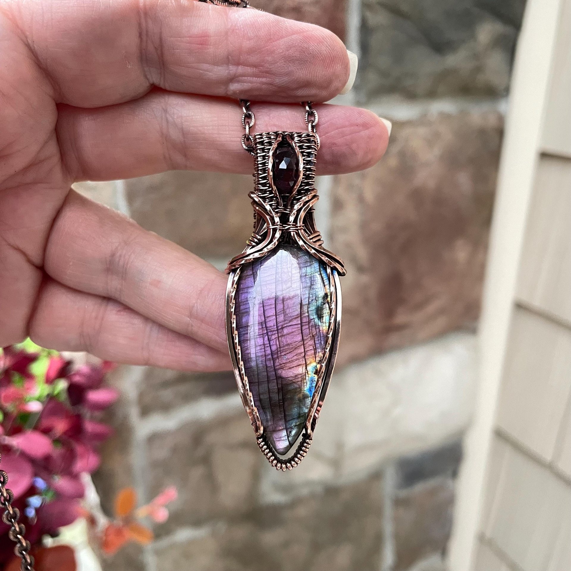 Purple & Pink Labradorite & Moonstone Copper Pendant with Weaving