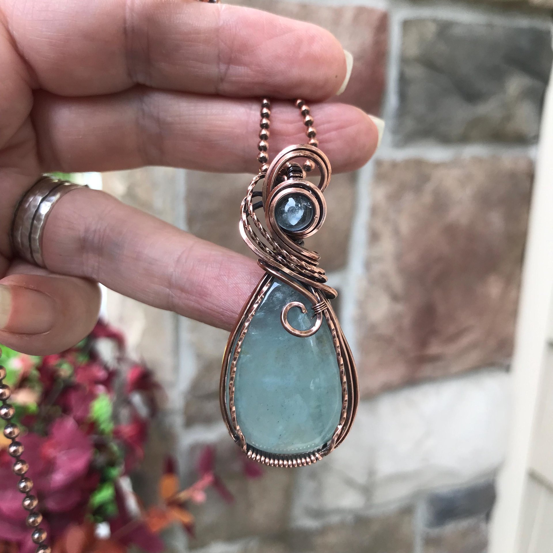 Aquamarine Swirly Copper Pendant