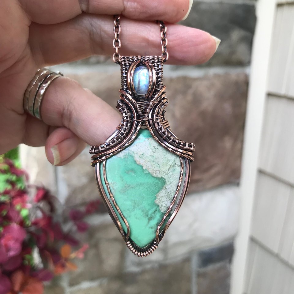 Variscite & Moonstone Copper Pendant with Weaving