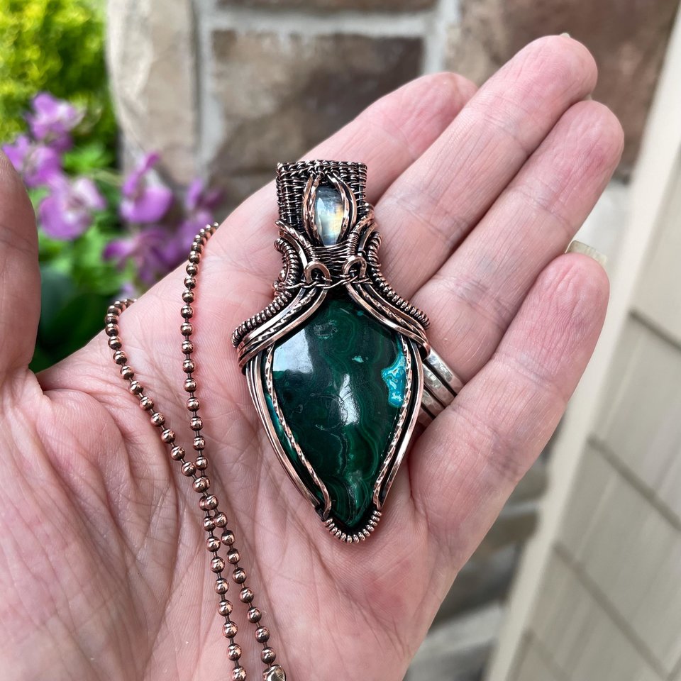 Malachite Chrysocolla & Moonstone Copper Pendant with Weaving