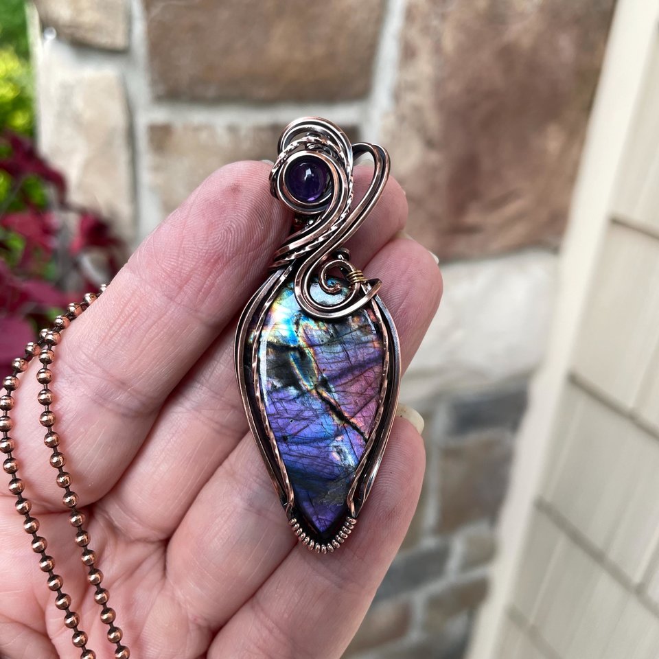 Blue Purple Labradorite & Amethyst Copper Pendant