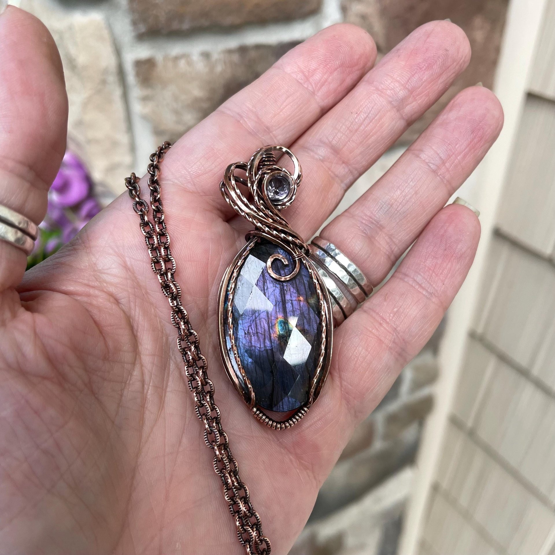 Purple Labradorite & Pink Amethyst Oval Copper Necklace